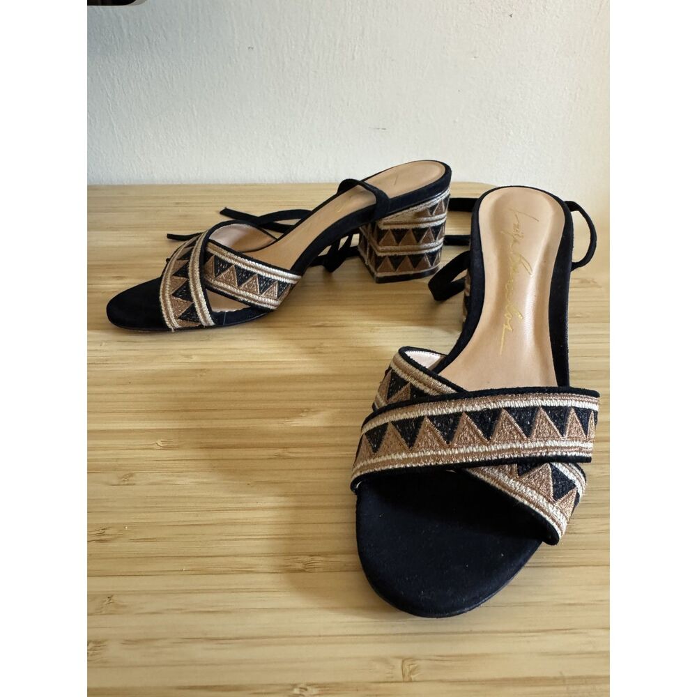 Luiza Barcelos Womens US 9B Black Gold Embroidered Block Heel Ankle Tie Sandals